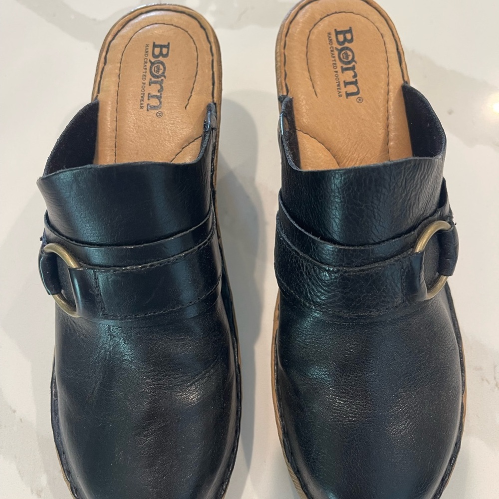 Born Black Leather Slip-On Clogs